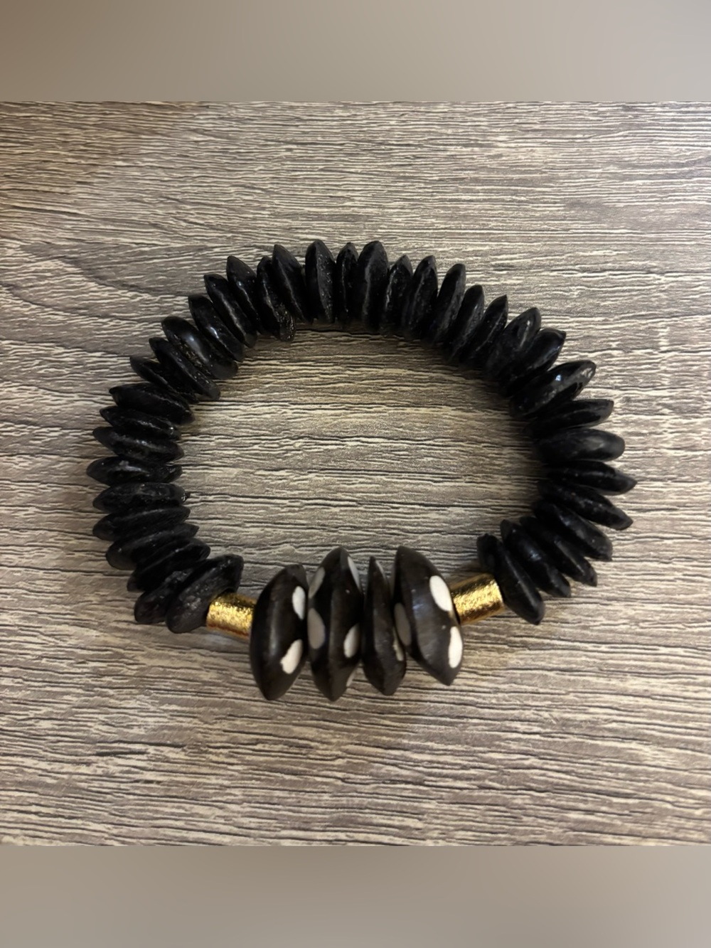 Handmade Black Recycled Glass Beaded Stretch Bracelet with Gold Accents
